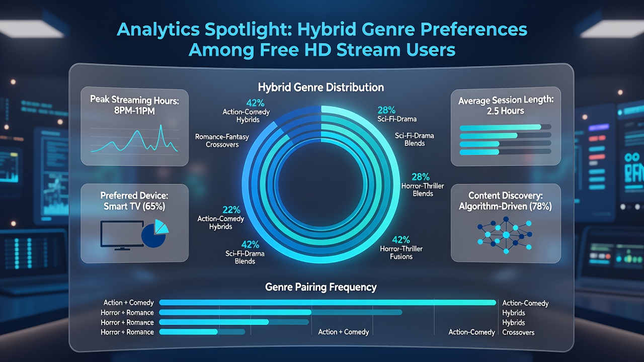 Bar chart comparing hybrid genre completion rates versus traditional genres on free HD platforms as of July 2026