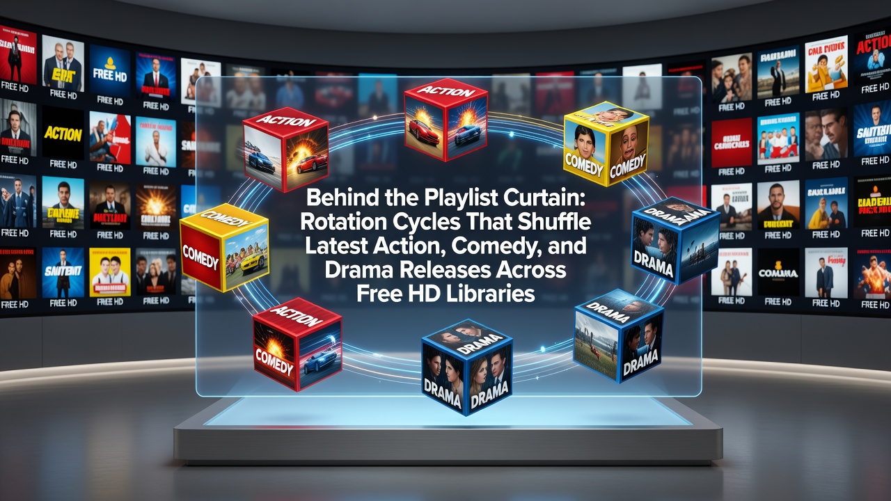Illustration of digital playlist rotation cycles showing action comedy and drama movie thumbnails shuffling across free HD streaming library interfaces