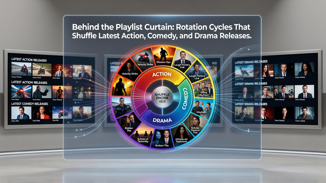 Diagram of content rotation timelines with genre-specific cycles for action comedy and drama films in free HD libraries