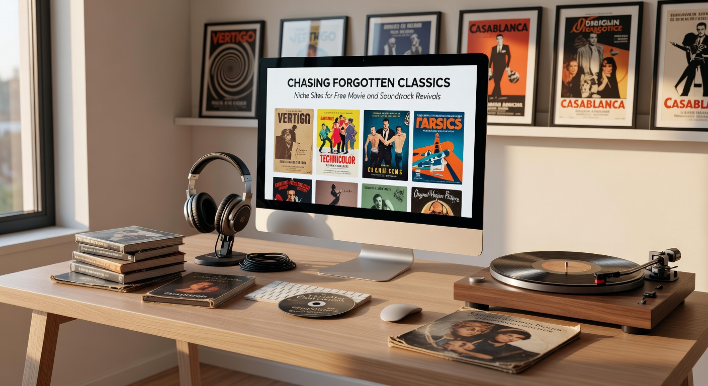 Vinyl record player spinning a classic film soundtrack album amidst stacks of old movie posters, evoking nostalgic audio revivals
