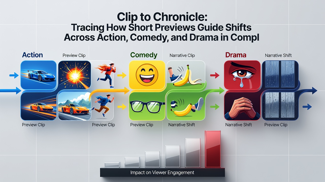 User interface showing genre transition from comedy preview to dramatic scene on a complimentary HD platform