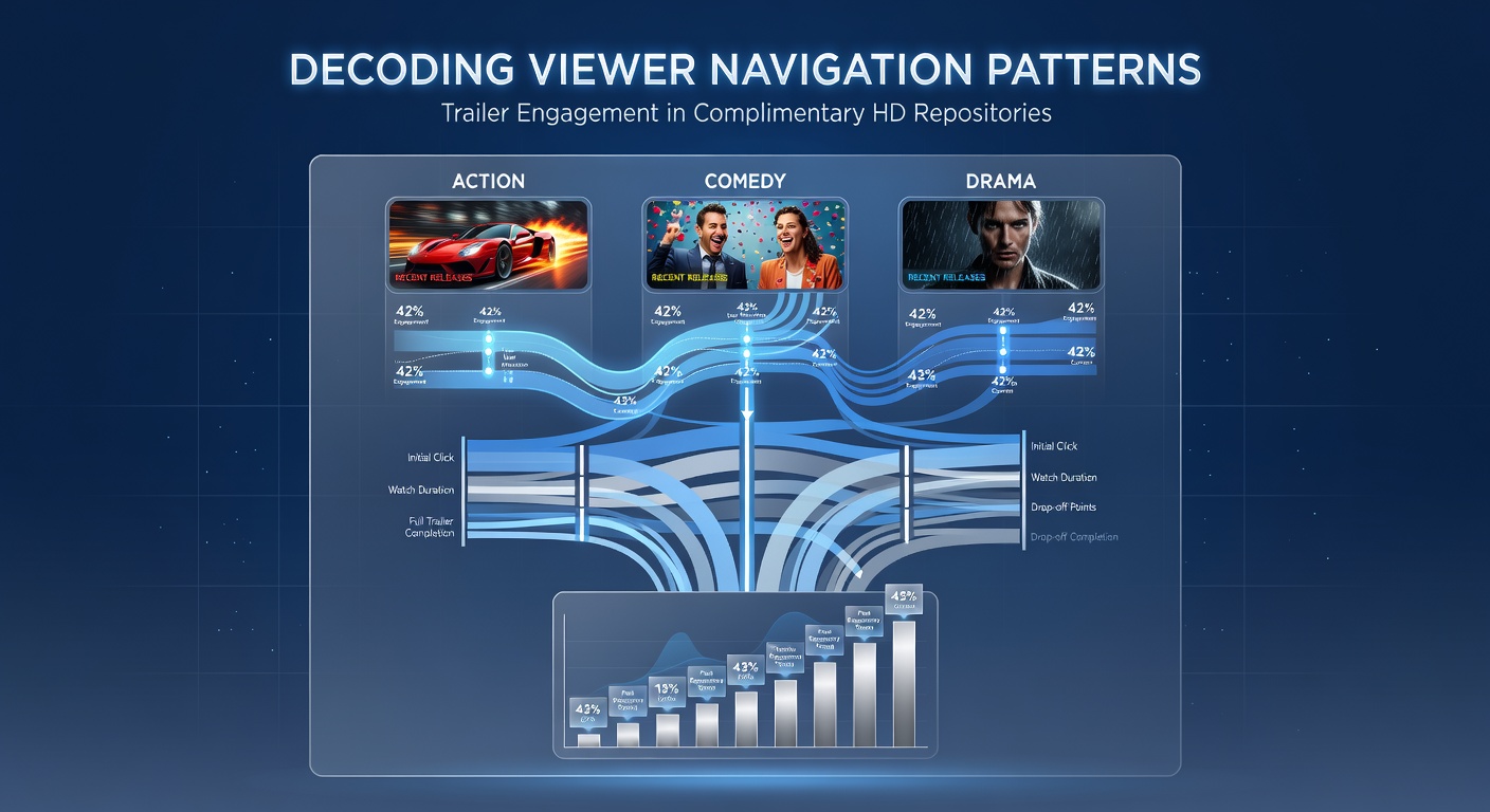 Viewer navigation patterns displayed through analytics dashboards showing trailer clicks and genre selections in free HD movie repositories