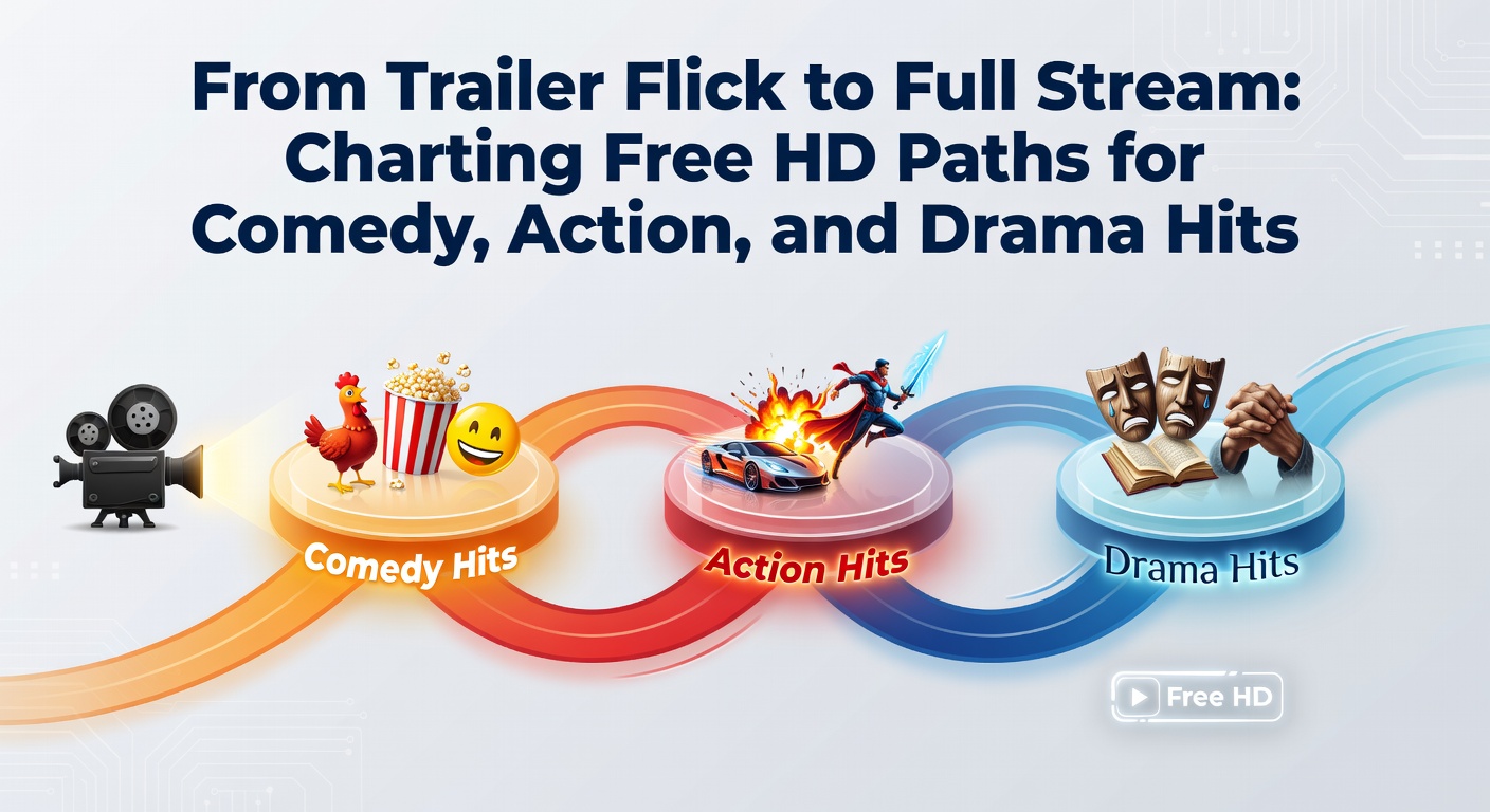 Vibrant collage of comedy, action, and drama movie posters streaming on a digital device, highlighting free HD access paths
