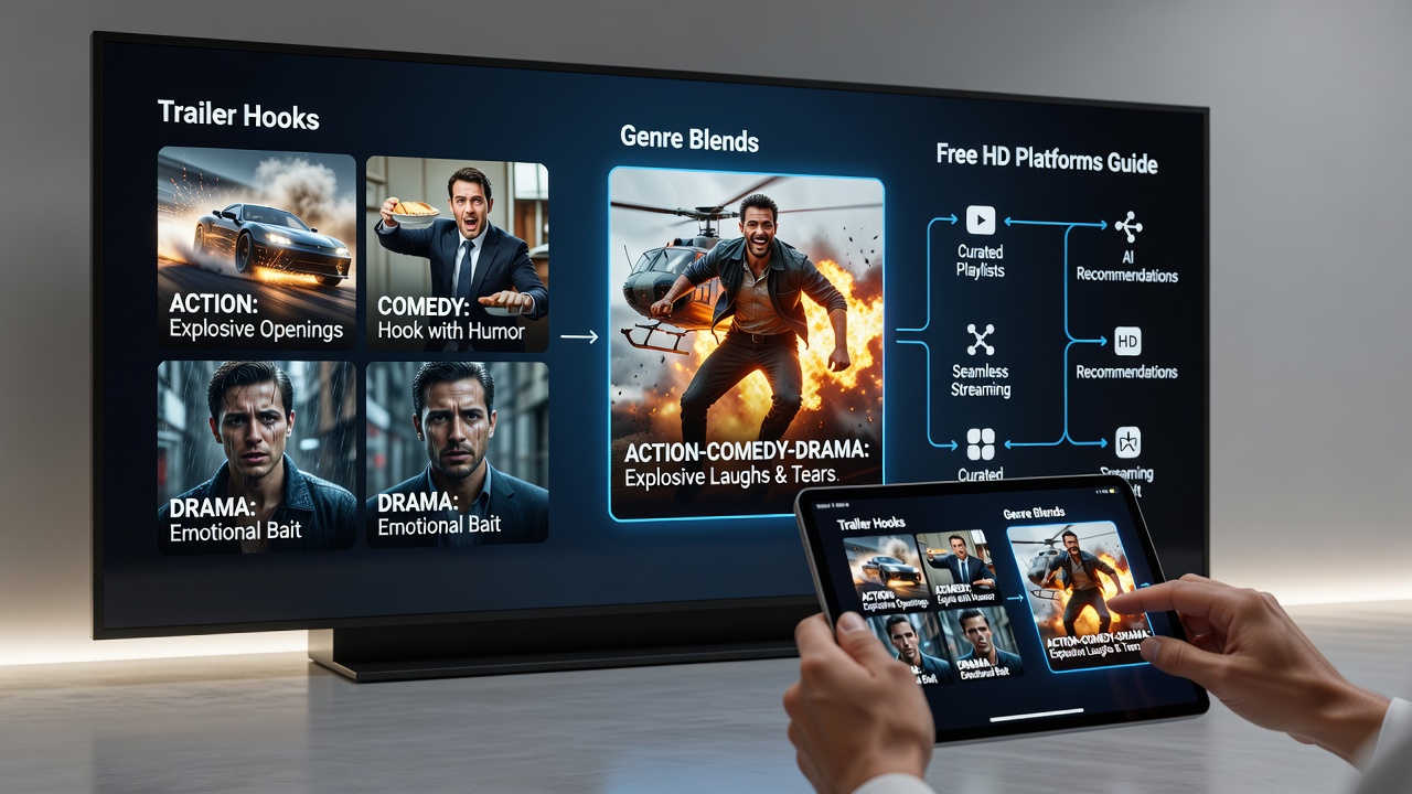 Viewer browsing hybrid genre films on a free HD streaming platform during July 2026