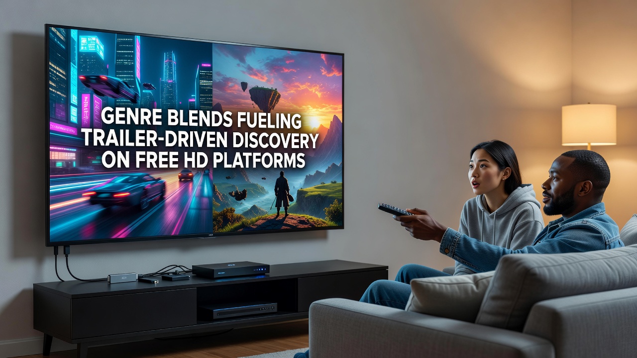 Viewers browsing genre-blended movie trailers on a free HD streaming platform interface
