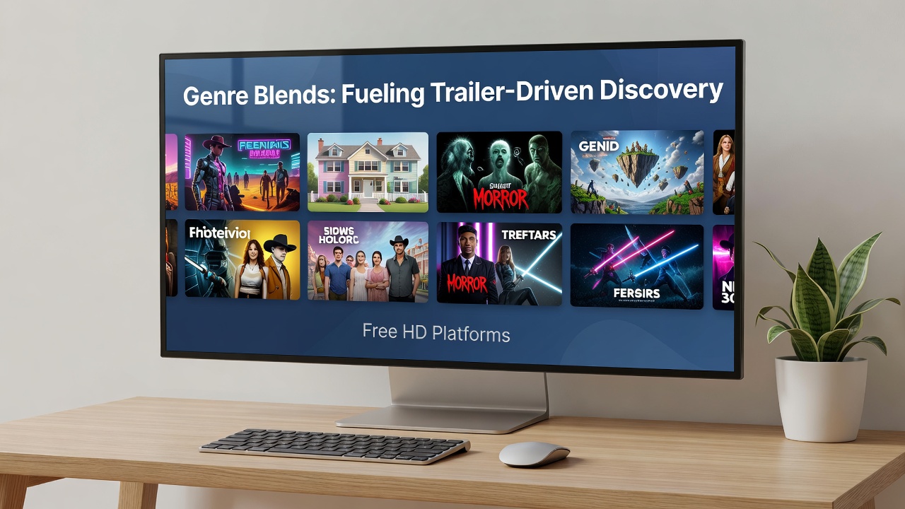 Close-up of a tablet screen showing multiple genre-blend movie trailers ready to play on a free HD site