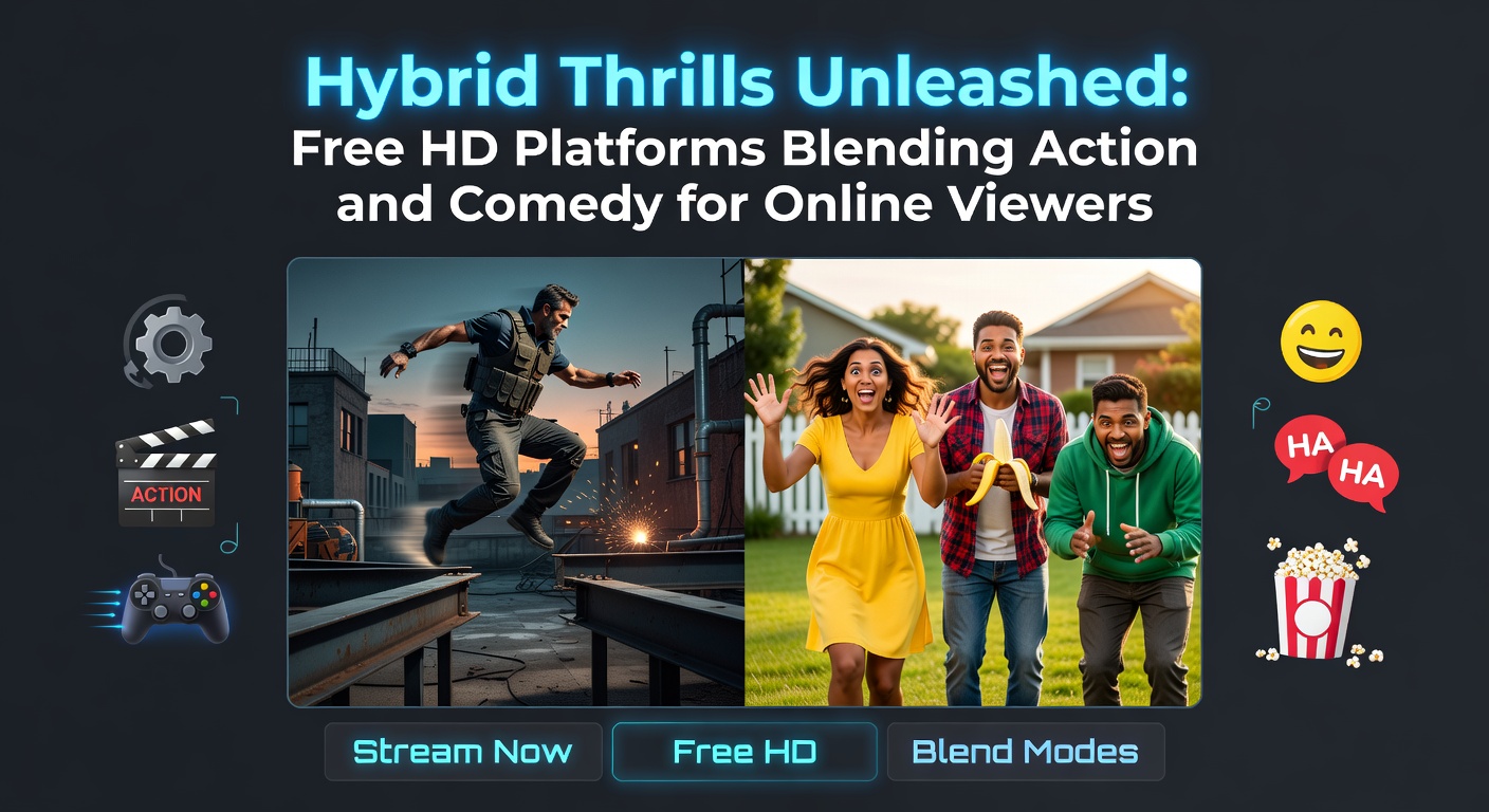 Vibrant screenshot of a free HD streaming interface featuring action-comedy movie thumbnails with explosive scenes and humorous character posters