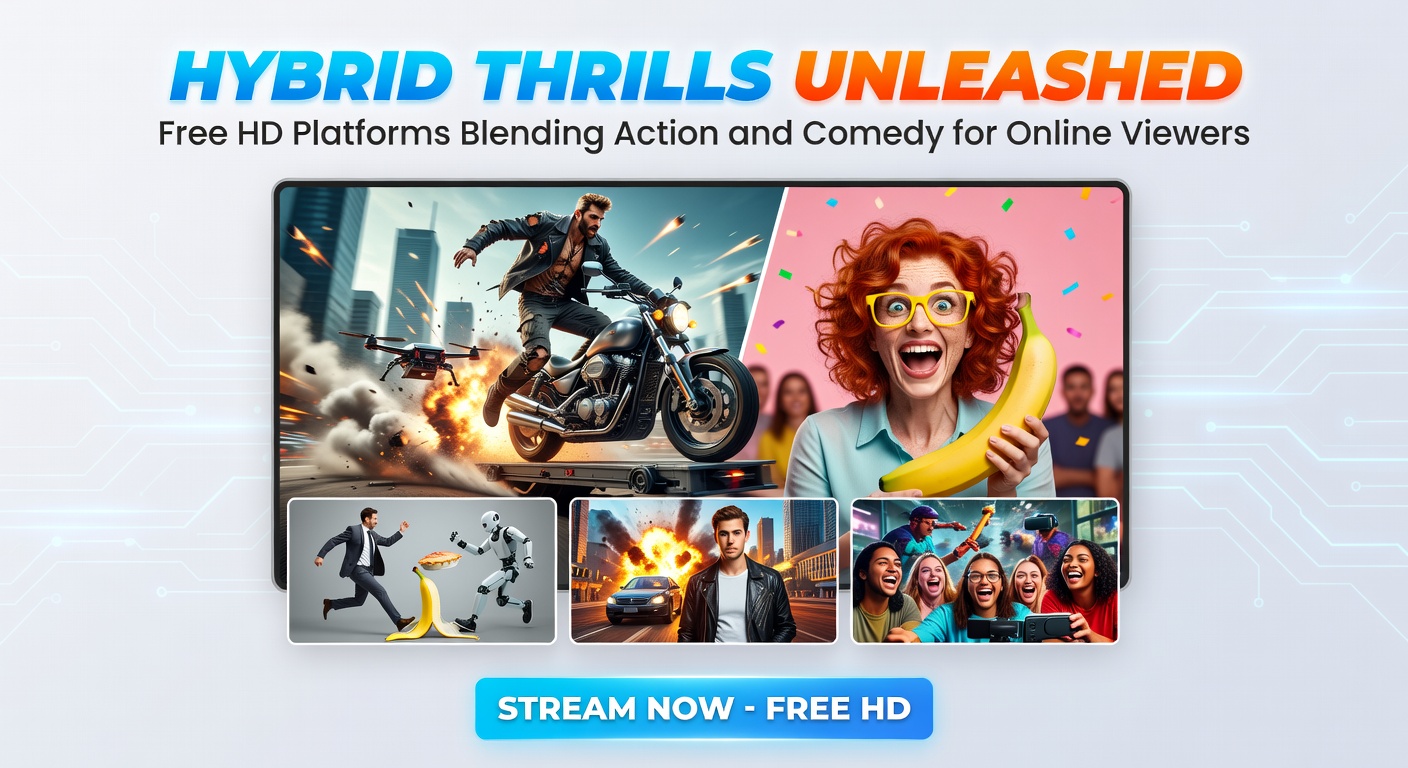 Dynamic collage of action-comedy movie scenes from free streaming platforms, showing car chases, fight sequences, and comedic character expressions in high definition