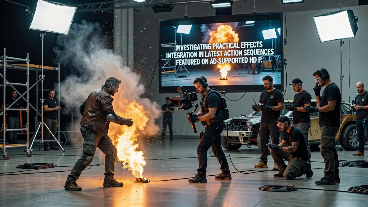 Behind-the-scenes view of practical effects setup for an action sequence