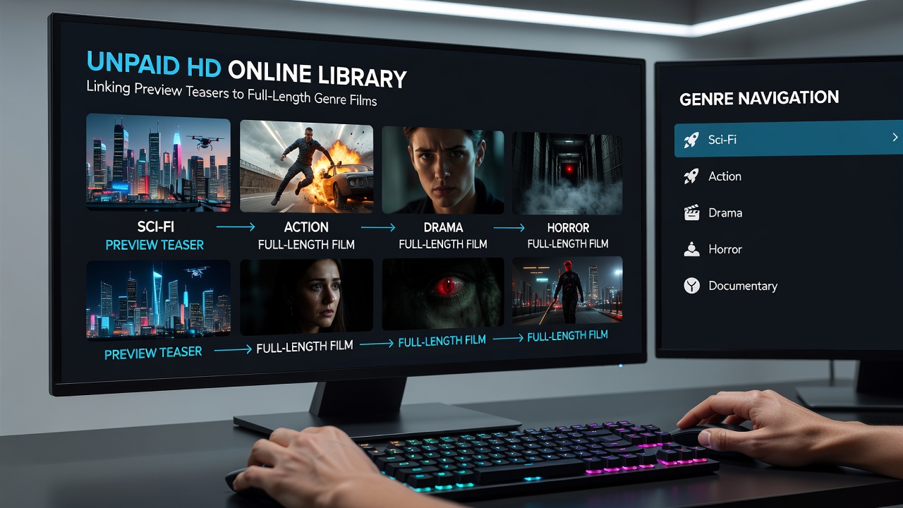 Diagram showing preview teasers linking to full genre films across free online HD archives