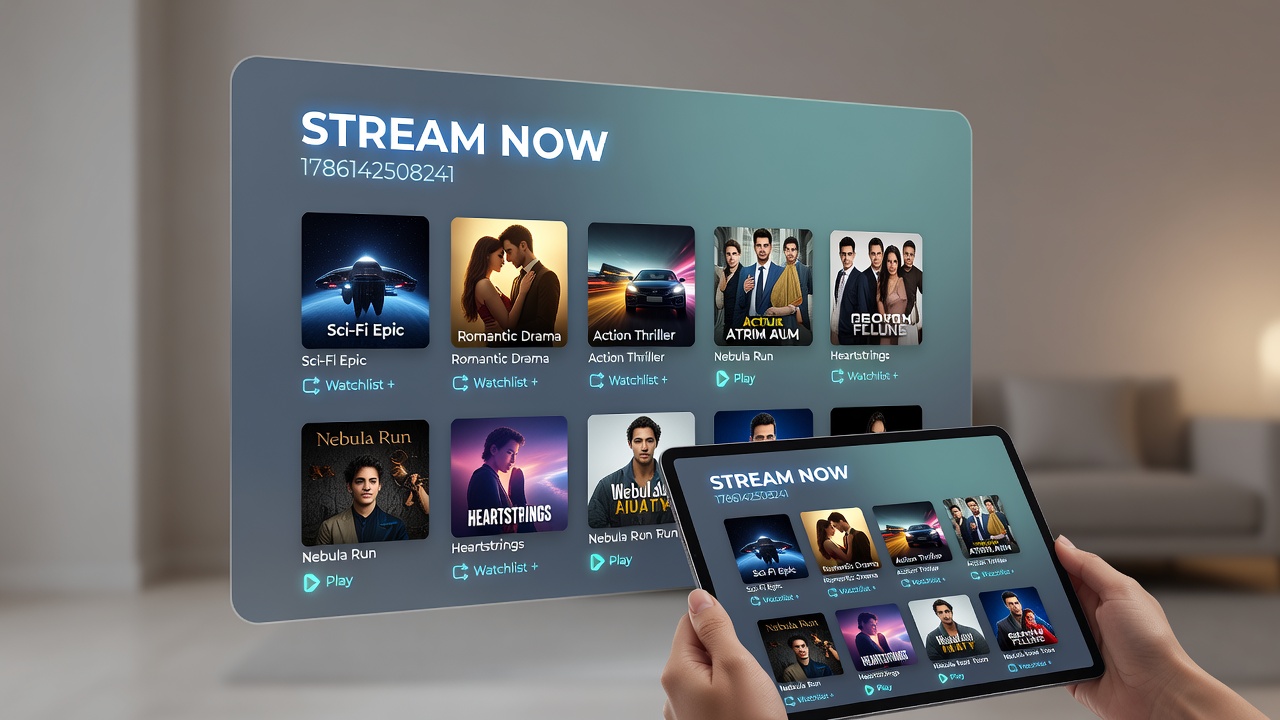 Close-up of a tablet screen showing a movie selection grid with various genres highlighted, next to a wireless router and headphones