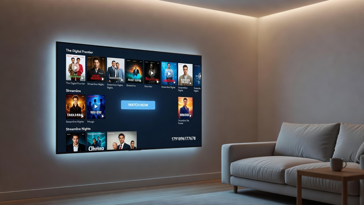 Close-up view of streaming service recommendations and playback controls