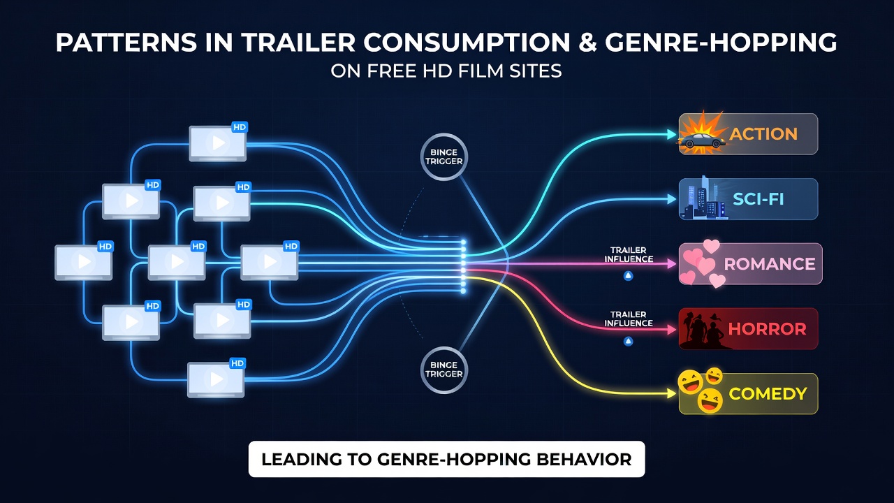 Illustration of users browsing trailers on free HD film sites leading to varied genre selections
