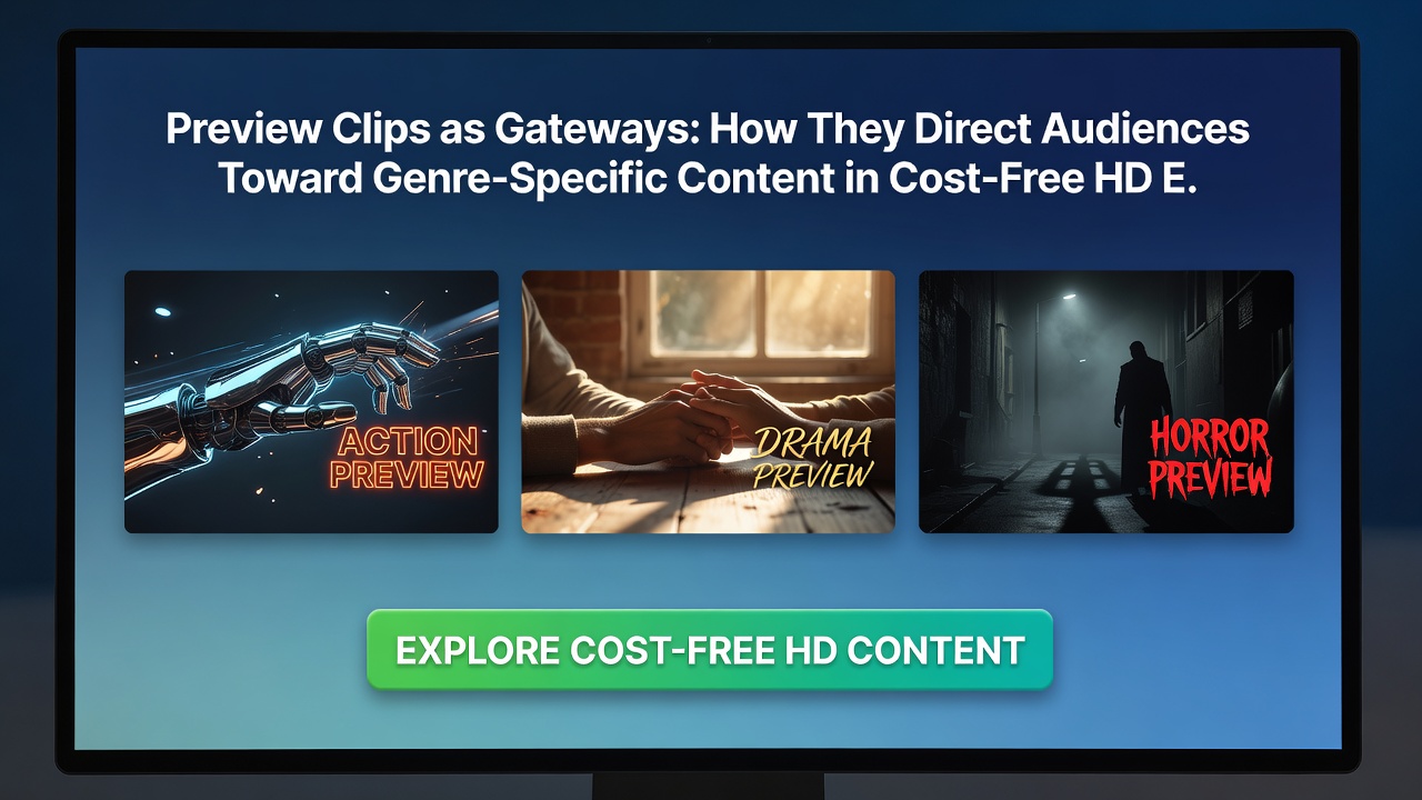 Audience members selecting genre-specific content after viewing preview clips on a cost-free HD streaming interface