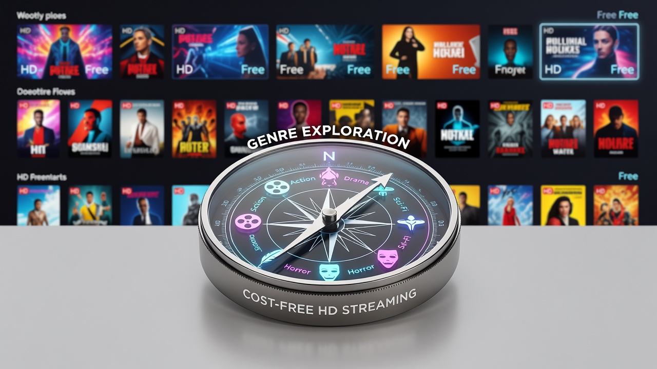 Promotional footage thumbnails displayed on a free HD streaming interface highlighting various film genres