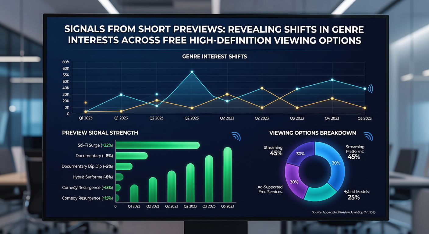 Short preview clips displayed on free high-definition streaming interfaces showing genre category selections