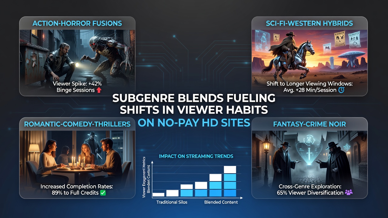 Viewers accessing blended genre content on free HD platforms showing diverse movie thumbnails and interface elements