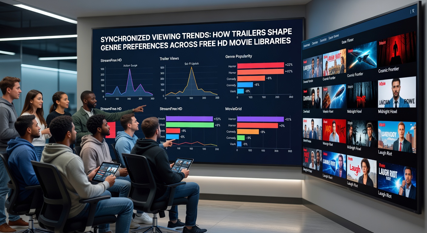 Viewers engaging in synchronized movie watching sessions across free HD platforms with trailers displayed on screens