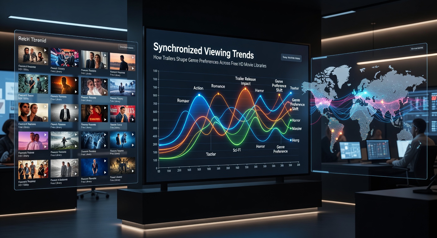 Group synchronized viewing interface showing genre preference shifts influenced by recent trailer interactions in free HD libraries