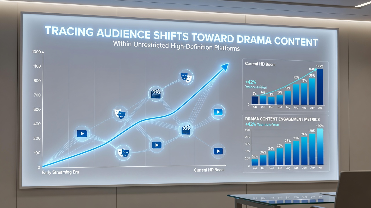 Graph overlay illustrating genre distribution changes with drama percentages climbing across multiple unrestricted high-definition viewing platforms