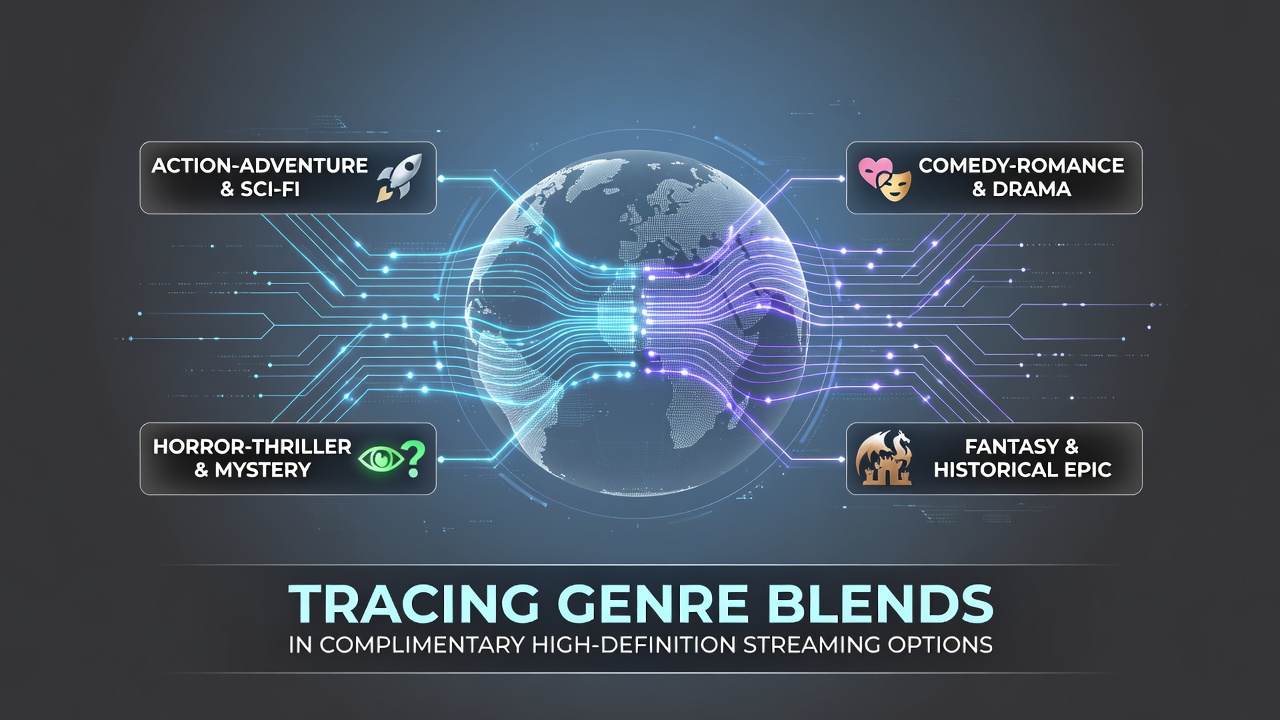 Visual representation of genre blend patterns in streaming interfaces showing overlapping category icons and content thumbnails