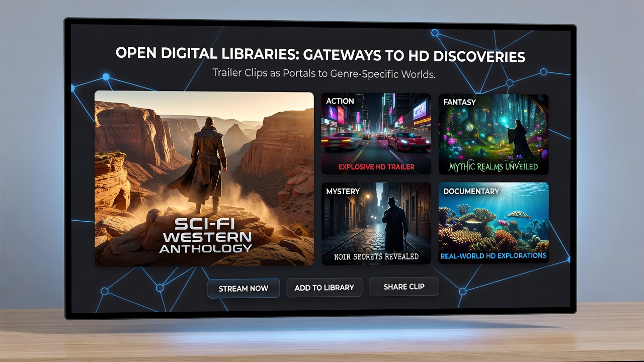 User exploring genre-specific HD content after watching a trailer clip in an open digital library