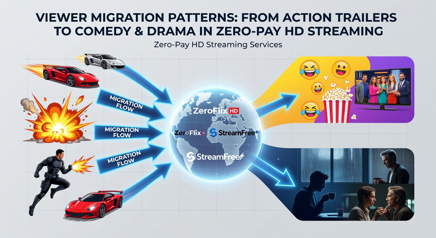Illustration showing viewer migration patterns from action trailers to comedy and drama content in free HD streaming services